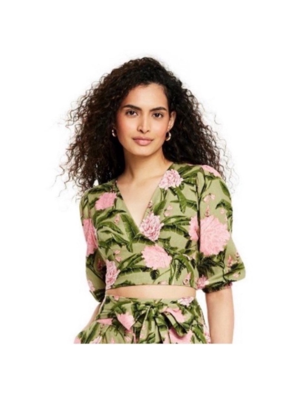 Agua Bendita X Target Linen Blend Peony Print Wrap Crop Top /Blouse Sz S Green